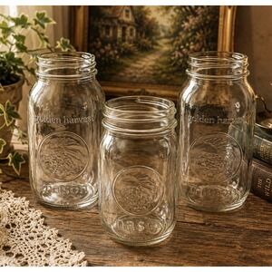 Lot of 3 Golden Harvest Mason Jars 2 Quart 1 Wide Mouth Pint Clear Glass USA